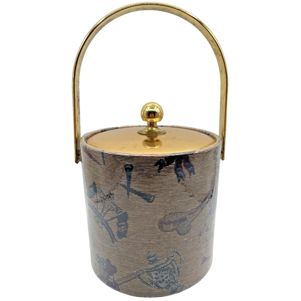 Vintage MCM Kraftware Ice Bucket & Lid Vinyl Golf Golfing Pattern Gold